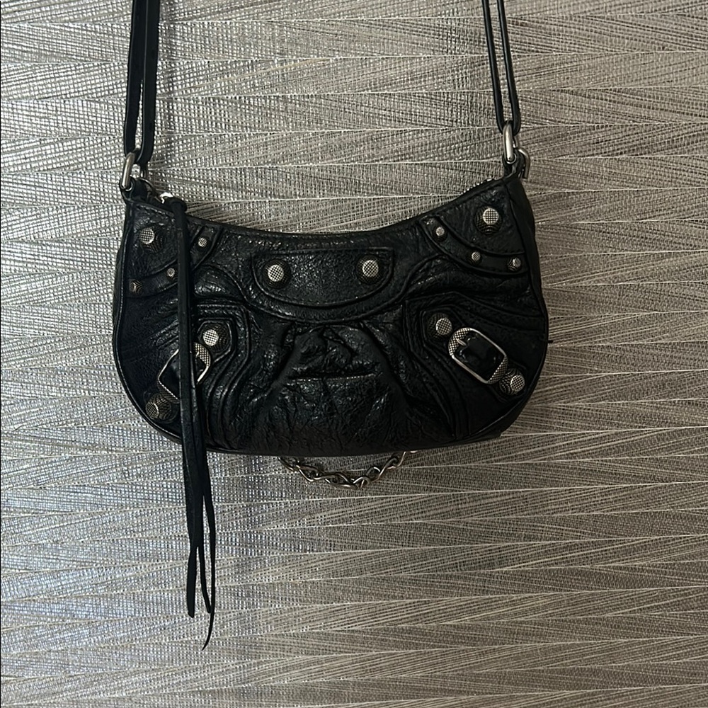 Balenciaga Black Leather Shoulder Bag with Silver Details